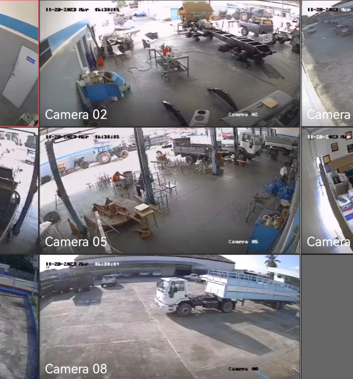 Vista en tiempo real del sistema CCTV en taller automotriz — 4 ángulos cubiertos